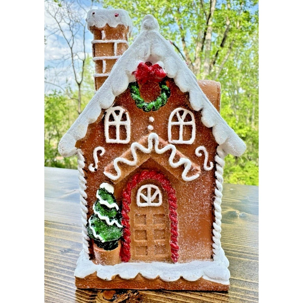 Gingerbread House Christmas Decor Snow Frosted Holiday Cottage Mantel Resin 8"